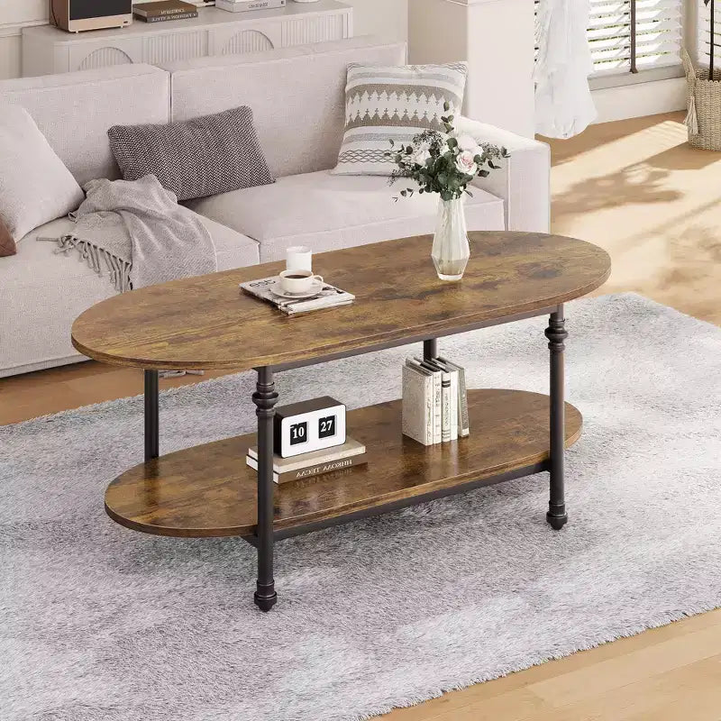 Industrial Coffee Table, 47.2 Inch Oval 2-Tier Center Table with Metal Frame & Open Storage, Modern Farmhouse Design for Living Room
