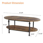 Table basse industrielle, table centrale ovale à 2 niveaux de 120 cm avec cadre en métal et rangement ouvert, design de ferme moderne pour salon
