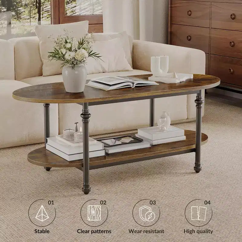 Table basse industrielle, table centrale ovale à 2 niveaux de 120 cm avec cadre en métal et rangement ouvert, design de ferme moderne pour salon