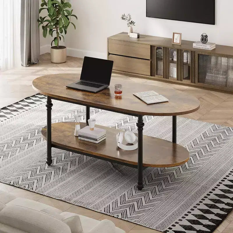 Table basse industrielle, table centrale ovale à 2 niveaux de 120 cm avec cadre en métal et rangement ouvert, design de ferme moderne pour salon