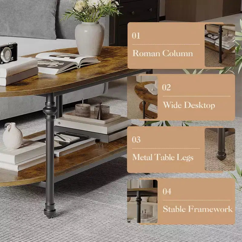 Table basse industrielle, table centrale ovale à 2 niveaux de 120 cm avec cadre en métal et rangement ouvert, design de ferme moderne pour salon