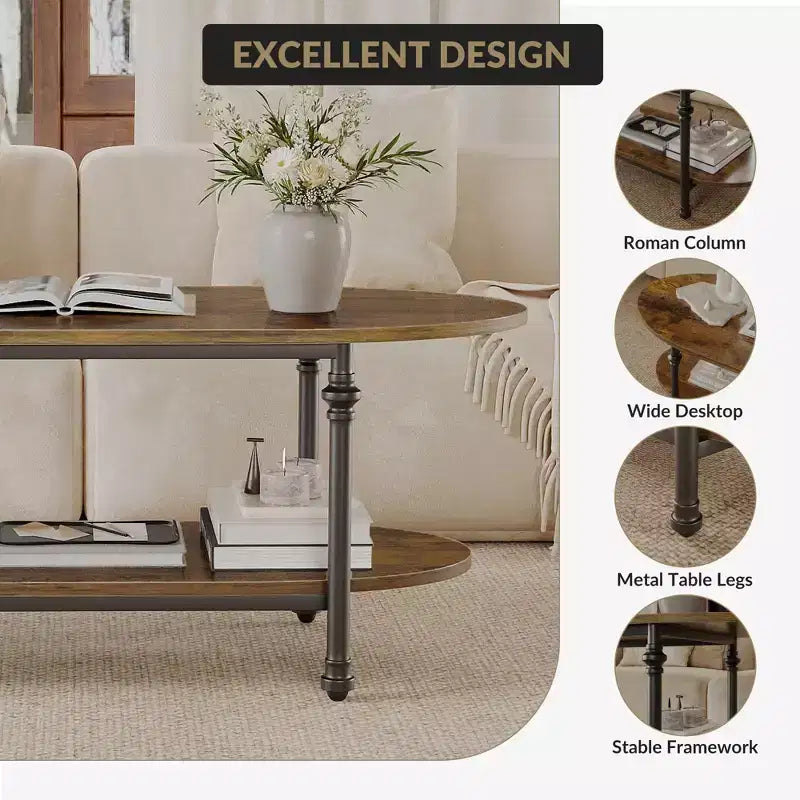 Table basse industrielle, table centrale ovale à 2 niveaux de 120 cm avec cadre en métal et rangement ouvert, design de ferme moderne pour salon