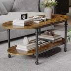 Table basse industrielle, table centrale ovale à 2 niveaux de 120 cm avec cadre en métal et rangement ouvert, design de ferme moderne pour salon