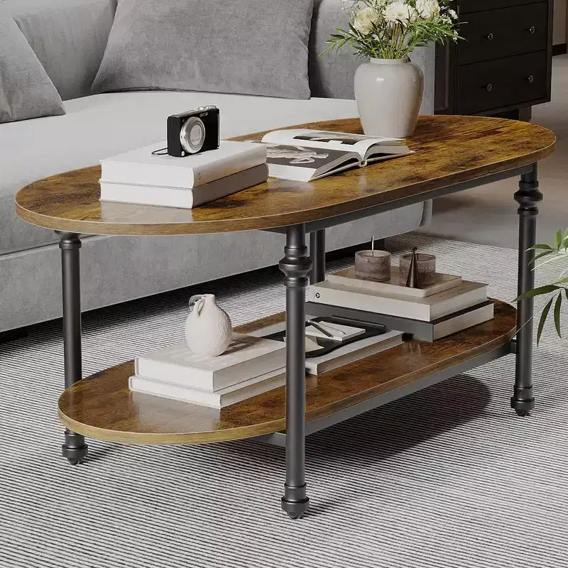 Table basse industrielle, table centrale ovale à 2 niveaux de 120 cm avec cadre en métal et rangement ouvert, design de ferme moderne pour salon