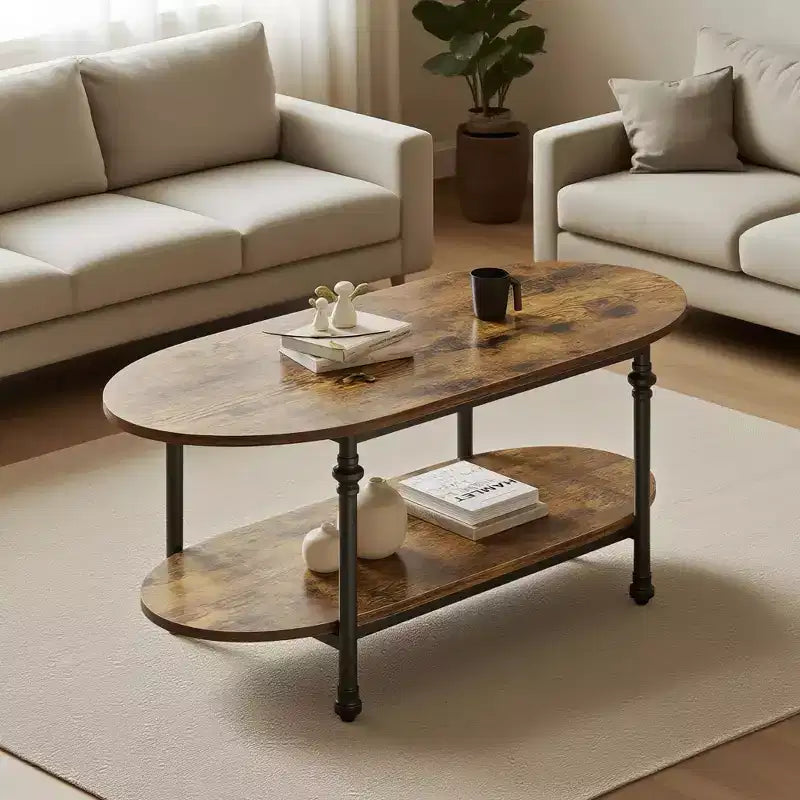 Table basse industrielle, table centrale ovale à 2 niveaux de 120 cm avec cadre en métal et rangement ouvert, design de ferme moderne pour salon