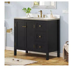 Meuble sous-vasque de salle de bain de 91 cm avec lavabo en céramique, meuble de rangement de salle de bain avec 2 portes et 3 tiroirs, 2 portes