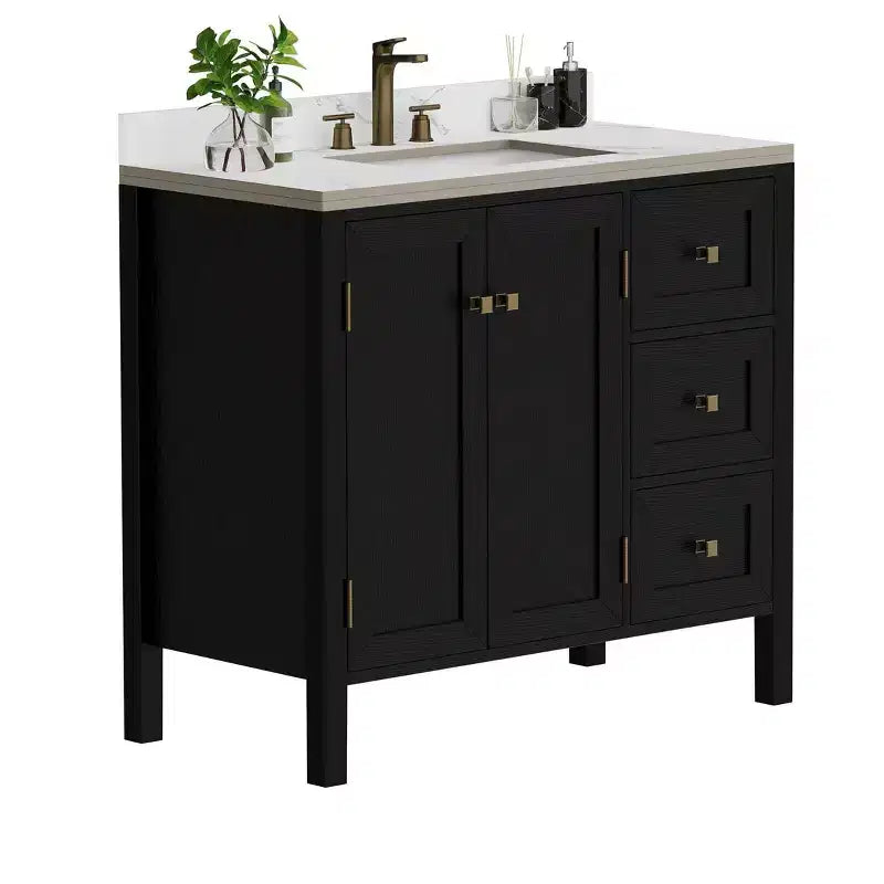 Meuble sous-vasque de salle de bain de 91 cm avec lavabo en céramique, meuble de rangement de salle de bain avec 2 portes et 3 tiroirs, 2 portes