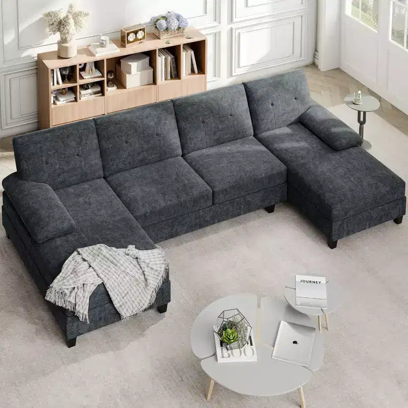 Canapé d'angle Celebalcony 106 pour salon, canapé en U 4 places avec double méridienne, canapé en tissu confortable pour appartement