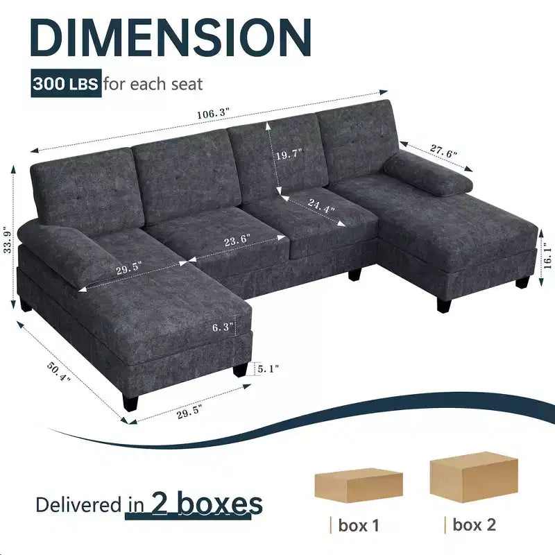 Canapé d'angle Celebalcony 106 pour salon, canapé en U 4 places avec double méridienne, canapé en tissu confortable pour appartement