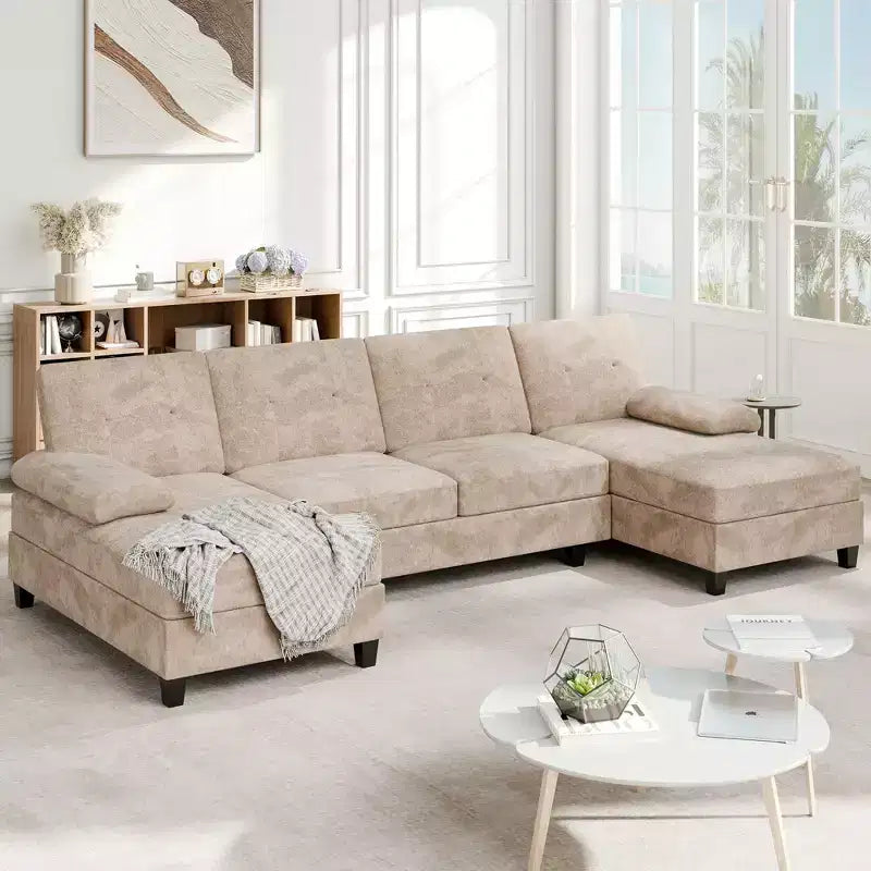 Canapé d'angle Celebalcony 106 pour salon, canapé en U 4 places avec double méridienne, canapé en tissu confortable pour appartement