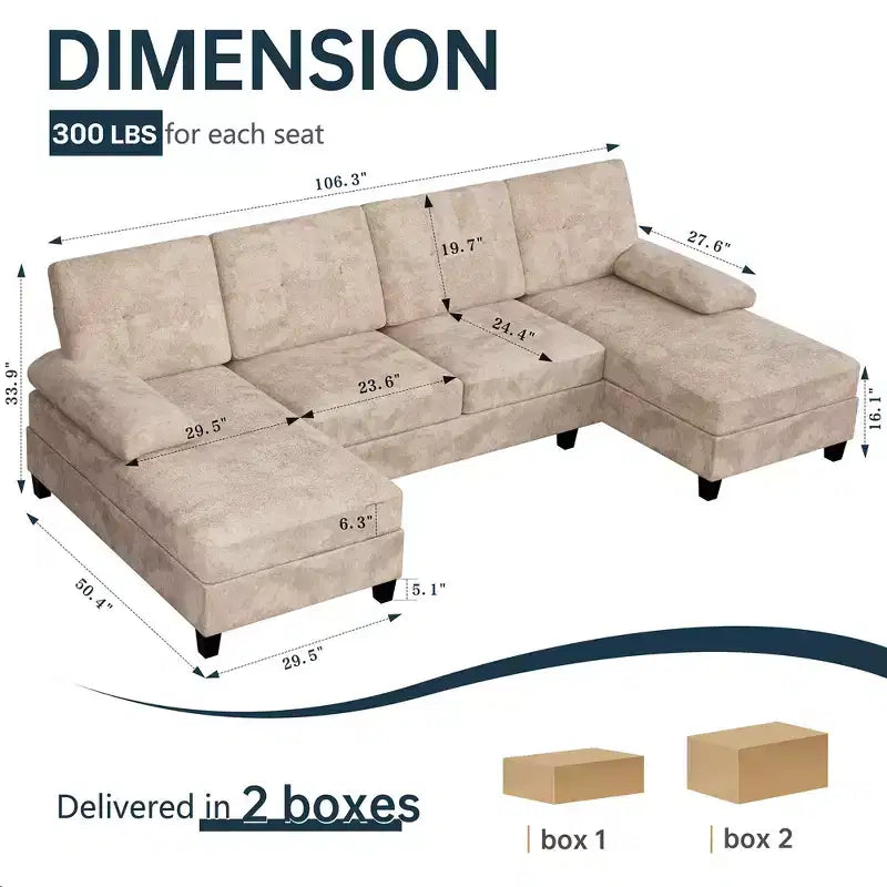 Canapé d'angle Celebalcony 106 pour salon, canapé en U 4 places avec double méridienne, canapé en tissu confortable pour appartement