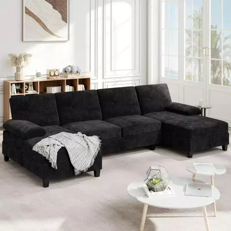 Canapé d'angle Celebalcony 106 pour salon, canapé en U 4 places avec double méridienne, canapé en tissu confortable pour appartement