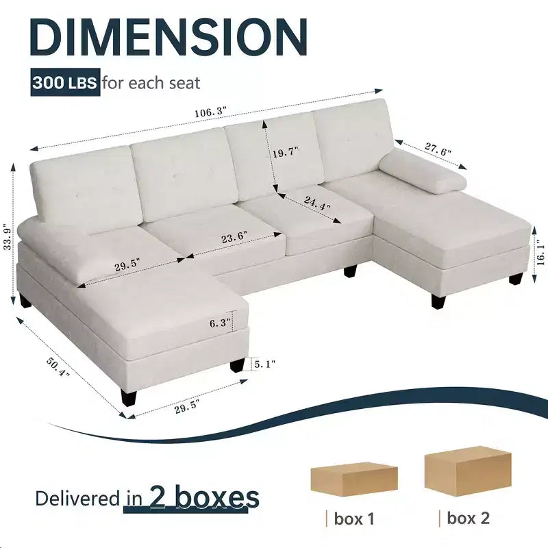 Canapé d'angle Celebalcony 106 pour salon, canapé en U 4 places avec double méridienne, canapé en tissu confortable pour appartement