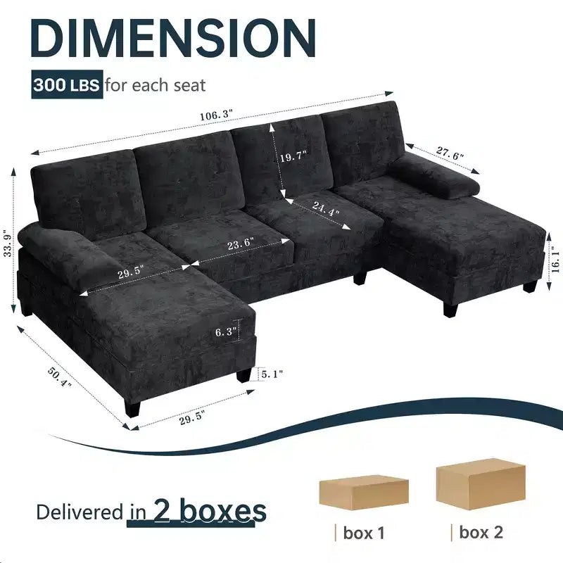 Canapé d'angle Celebalcony 106 pour salon, canapé en U 4 places avec double méridienne, canapé en tissu confortable pour appartement
