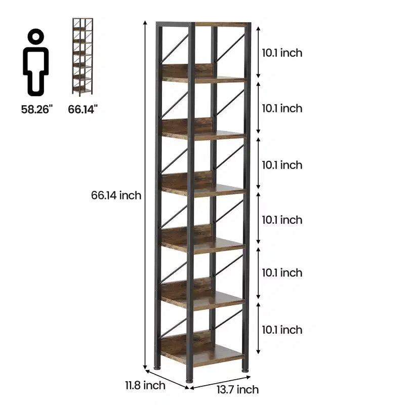 Étagère étroite à 6 niveaux, Bibliothèque haute et mince, Étagère d'angle rustique, Petites étagères, Bibliothèque industrielle pour chambre, salon, bureau à domicile