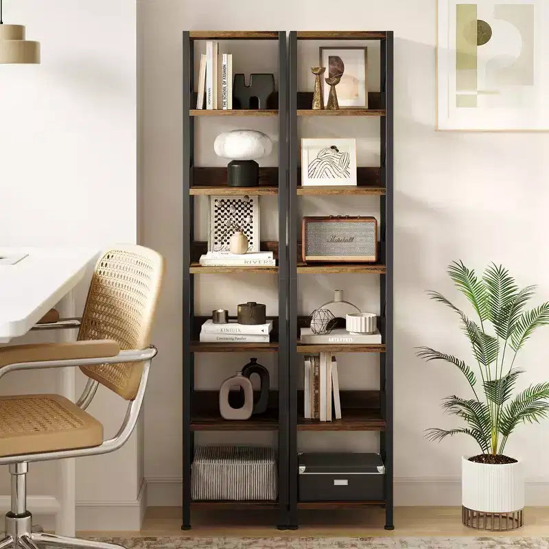 Étagère étroite à 6 niveaux, Bibliothèque haute et mince, Étagère d'angle rustique, Petites étagères, Bibliothèque industrielle pour chambre, salon, bureau à domicile