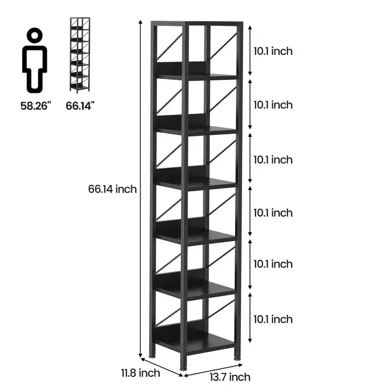 Étagère étroite à 6 niveaux, Bibliothèque haute et mince, Étagère d'angle rustique, Petites étagères, Bibliothèque industrielle pour chambre, salon, bureau à domicile