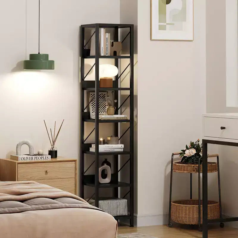 Étagère étroite à 6 niveaux, Bibliothèque haute et mince, Étagère d'angle rustique, Petites étagères, Bibliothèque industrielle pour chambre, salon, bureau à domicile