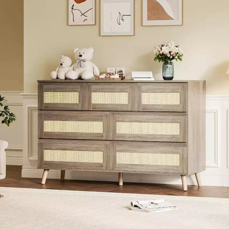 COZONY 7-Drawer Rattan Dresser, Modern Wood Storage Cabinet with Woven Fronts, Wide Chest of Drawers for Bedroom Living Room Nursery