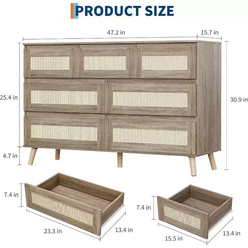 Commode COZONY 7 tiroirs en rotin, meuble de rangement moderne en bois avec façades tissées, grande commode pour chambre à coucher, salon, chambre d'enfant