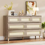 Commode COZONY 7 tiroirs en rotin, meuble de rangement moderne en bois avec façades tissées, grande commode pour chambre à coucher, salon, chambre d'enfant