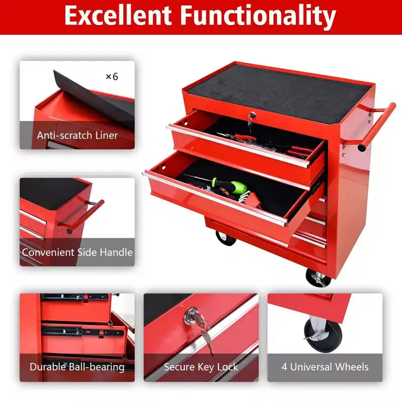 Organisateur d'armoire de rangement d'outils en acier, servante à 5 tiroirs avec serrure, inclut une clé pour un rangement sécurisé