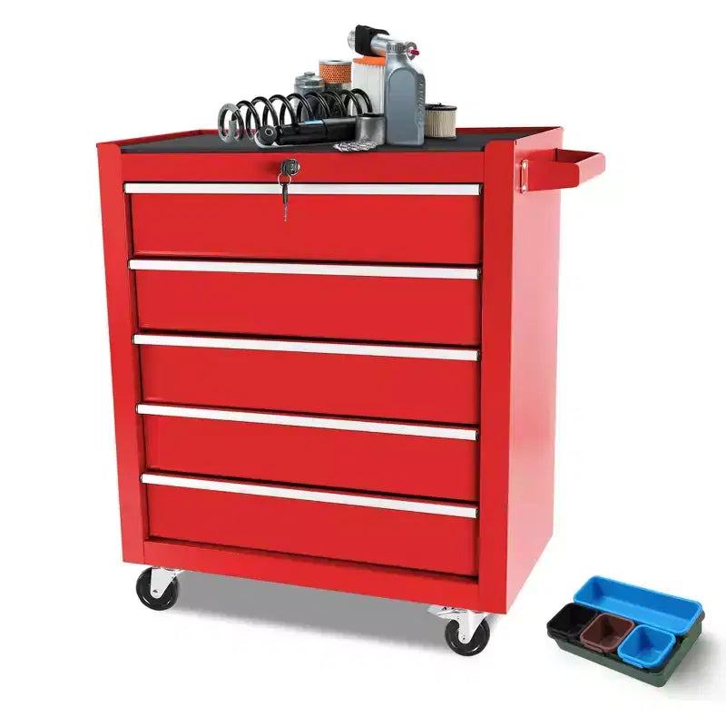 Organisateur d'armoire de rangement d'outils en acier, servante à 5 tiroirs avec serrure, inclut une clé pour un rangement sécurisé