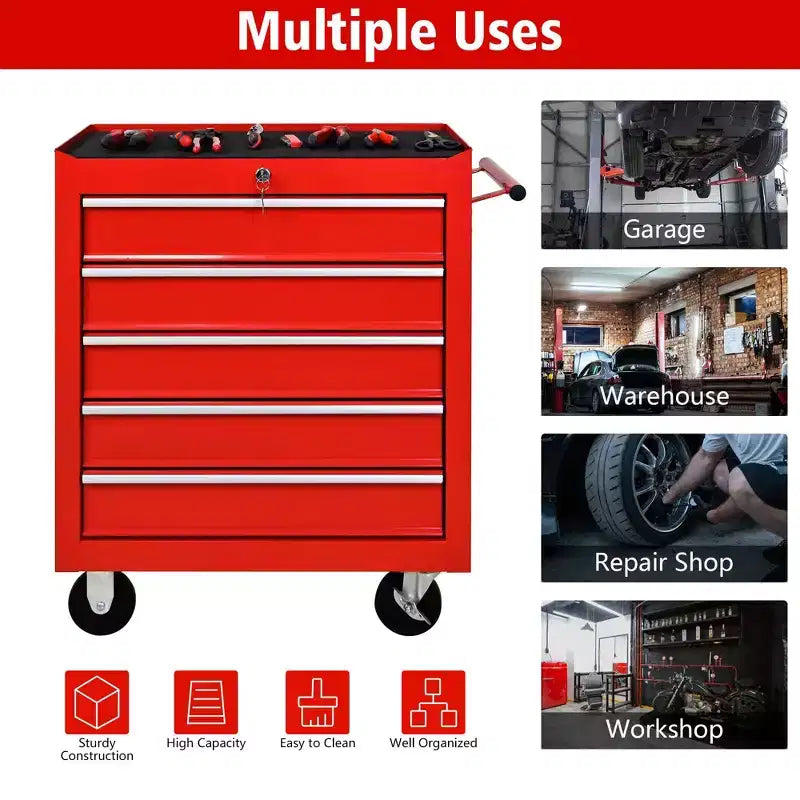 Organisateur d'armoire de rangement d'outils en acier, servante à 5 tiroirs avec serrure, inclut une clé pour un rangement sécurisé