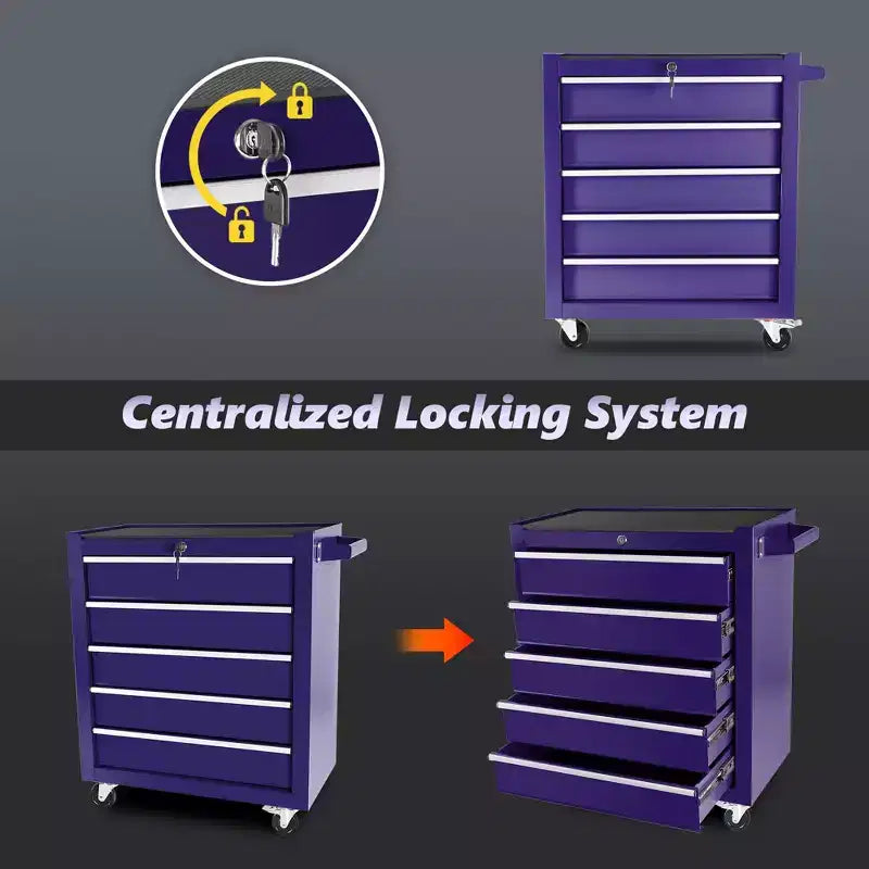 Organisateur d'armoire de rangement d'outils en acier, servante à 5 tiroirs avec serrure, inclut une clé pour un rangement sécurisé