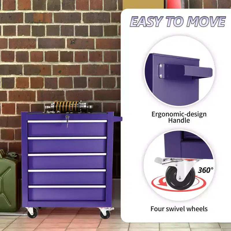 Organisateur d'armoire de rangement d'outils en acier, servante à 5 tiroirs avec serrure, inclut une clé pour un rangement sécurisé