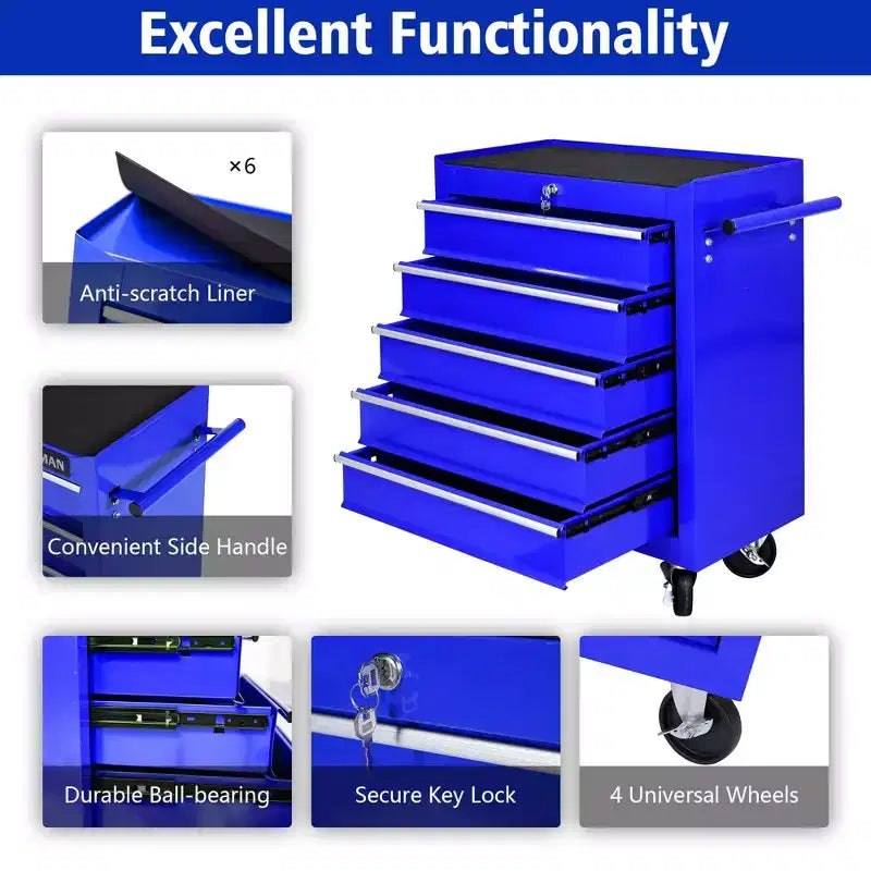 Organisateur d'armoire de rangement d'outils en acier, servante à 5 tiroirs avec serrure, inclut une clé pour un rangement sécurisé
