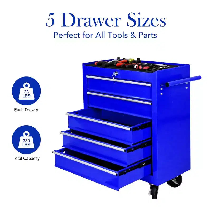 Organisateur d'armoire de rangement d'outils en acier, servante à 5 tiroirs avec serrure, inclut une clé pour un rangement sécurisé
