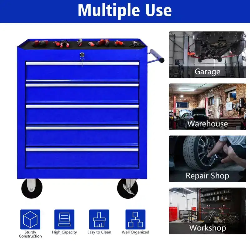 Organisateur d'armoire de rangement d'outils en acier, servante à 5 tiroirs avec serrure, inclut une clé pour un rangement sécurisé