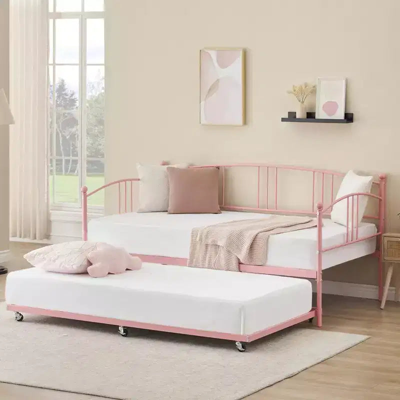 Lit de repos double en métal avec lit gigogne, cadre de lit de repos double avec lit gigogne extractible à 6 roulettes, support à lattes en acier pour canapé-lit d'appoint pour salon, chambre à coucher, appartement.