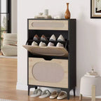 Meuble à chaussures en rotin avec 2 tiroirs basculants et 1 tiroir coulissant, Meuble de rangement pour chaussures, Étagère réglable sur 3 positions, Meuble à chaussures étroit pour entrée