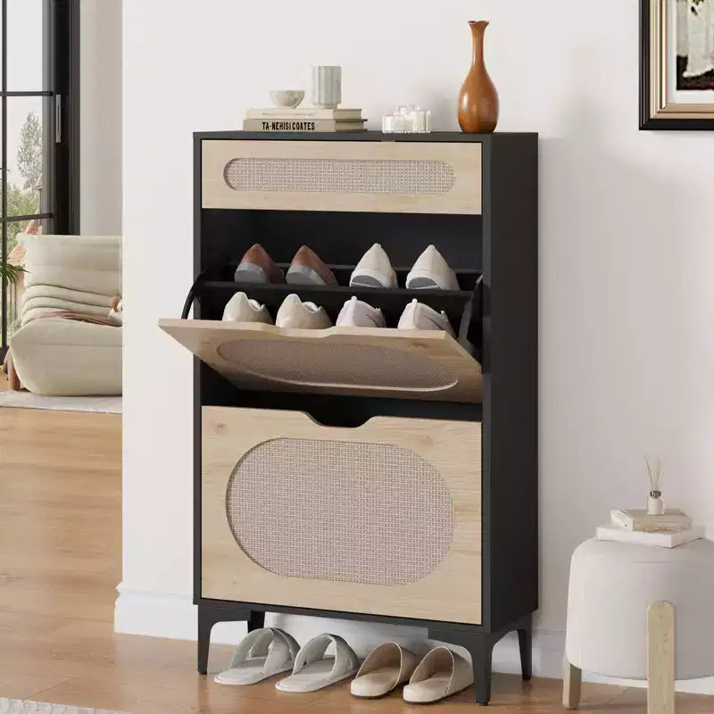 Meuble à chaussures en rotin avec 2 tiroirs basculants et 1 tiroir coulissant, Meuble de rangement pour chaussures, Étagère réglable sur 3 positions, Meuble à chaussures étroit pour entrée