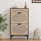 Meuble à chaussures en rotin avec 2 tiroirs basculants et 1 tiroir coulissant, Meuble de rangement pour chaussures, Étagère réglable sur 3 positions, Meuble à chaussures étroit pour entrée