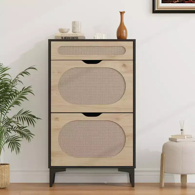Meuble à chaussures en rotin avec 2 tiroirs basculants et 1 tiroir coulissant, Meuble de rangement pour chaussures, Étagère réglable sur 3 positions, Meuble à chaussures étroit pour entrée