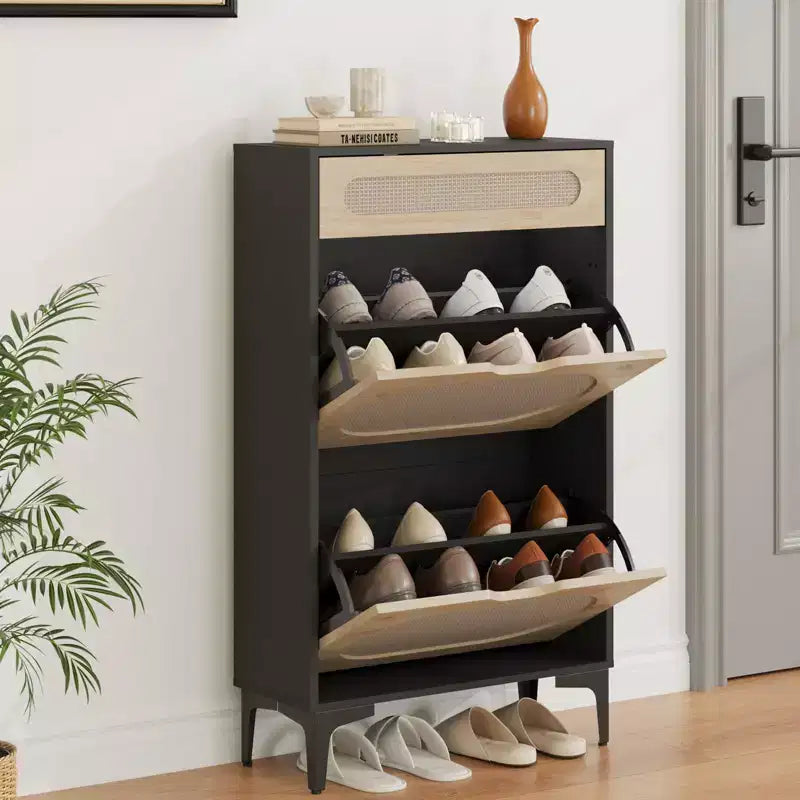 Meuble à chaussures en rotin avec 2 tiroirs basculants et 1 tiroir coulissant, Meuble de rangement pour chaussures, Étagère réglable sur 3 positions, Meuble à chaussures étroit pour entrée