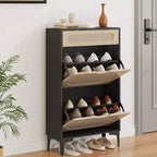 Meuble à chaussures en rotin avec 2 tiroirs basculants et 1 tiroir coulissant, Meuble de rangement pour chaussures, Étagère réglable sur 3 positions, Meuble à chaussures étroit pour entrée