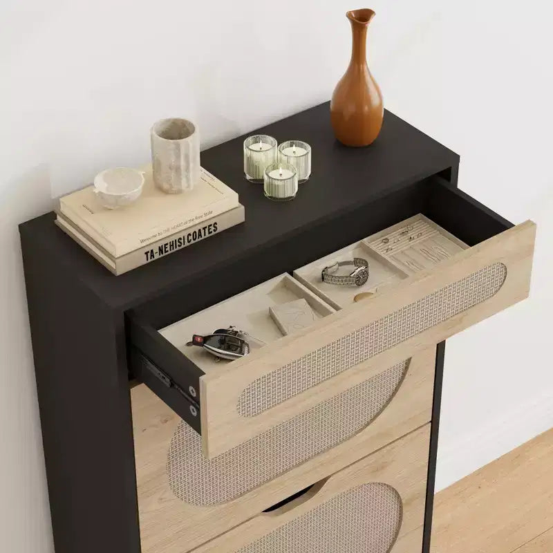 Meuble à chaussures en rotin avec 2 tiroirs basculants et 1 tiroir coulissant, Meuble de rangement pour chaussures, Étagère réglable sur 3 positions, Meuble à chaussures étroit pour entrée