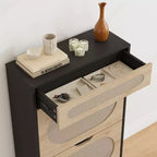Meuble à chaussures en rotin avec 2 tiroirs basculants et 1 tiroir coulissant, Meuble de rangement pour chaussures, Étagère réglable sur 3 positions, Meuble à chaussures étroit pour entrée