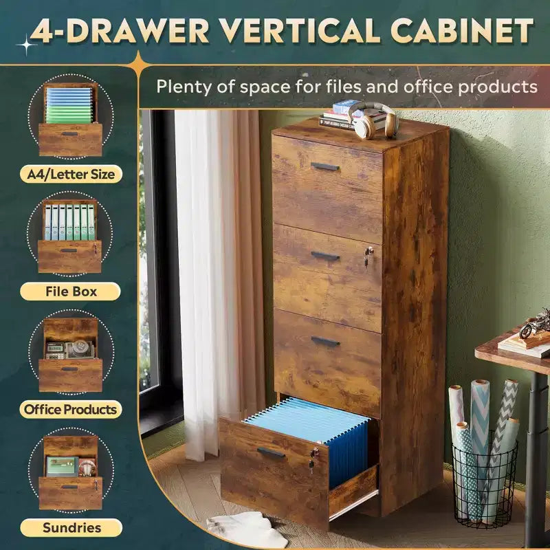 DEXYLLO Classeur vertical à 4 tiroirs avec serrure – Meuble de rangement en bois pour bureau à domicile, convient aux dossiers de format A4/Lettre
