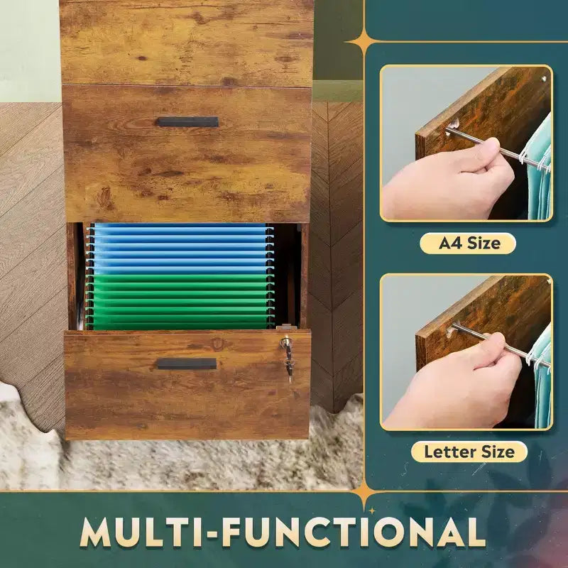 DEXYLLO Classeur vertical à 4 tiroirs avec serrure – Meuble de rangement en bois pour bureau à domicile, convient aux dossiers de format A4/Lettre