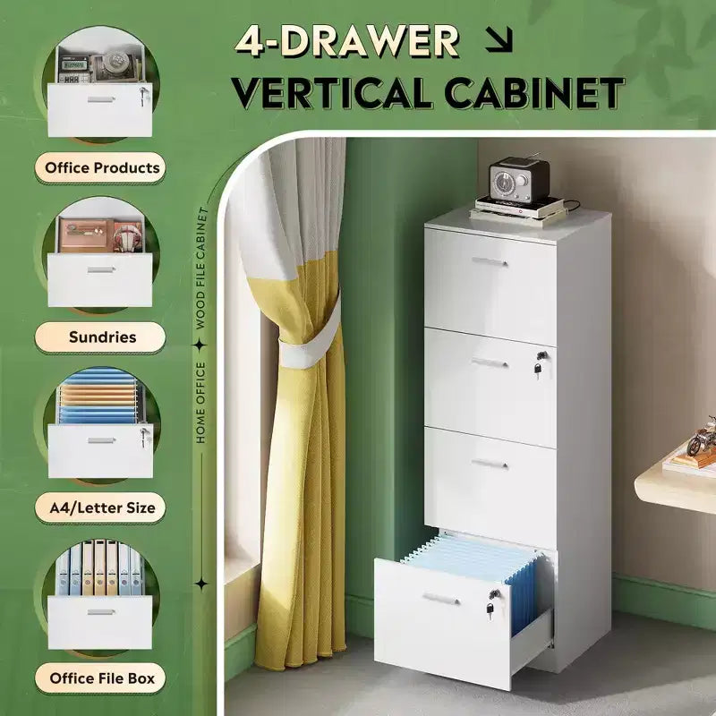 DEXYLLO Classeur vertical à 4 tiroirs avec serrure – Meuble de rangement en bois pour bureau à domicile, convient aux dossiers de format A4/Lettre