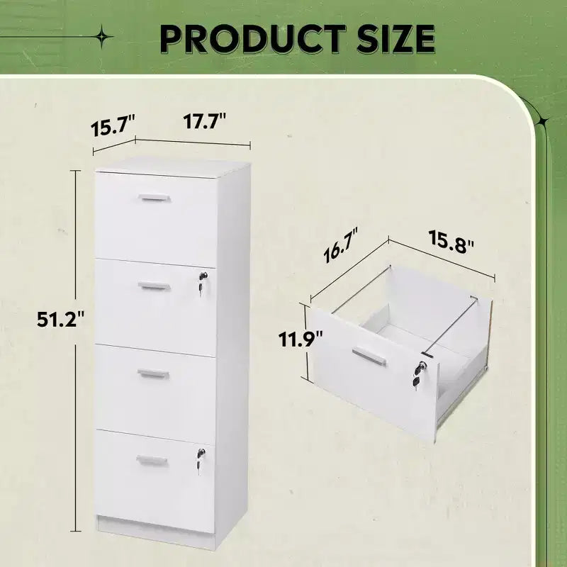 DEXYLLO Classeur vertical à 4 tiroirs avec serrure – Meuble de rangement en bois pour bureau à domicile, convient aux dossiers de format A4/Lettre