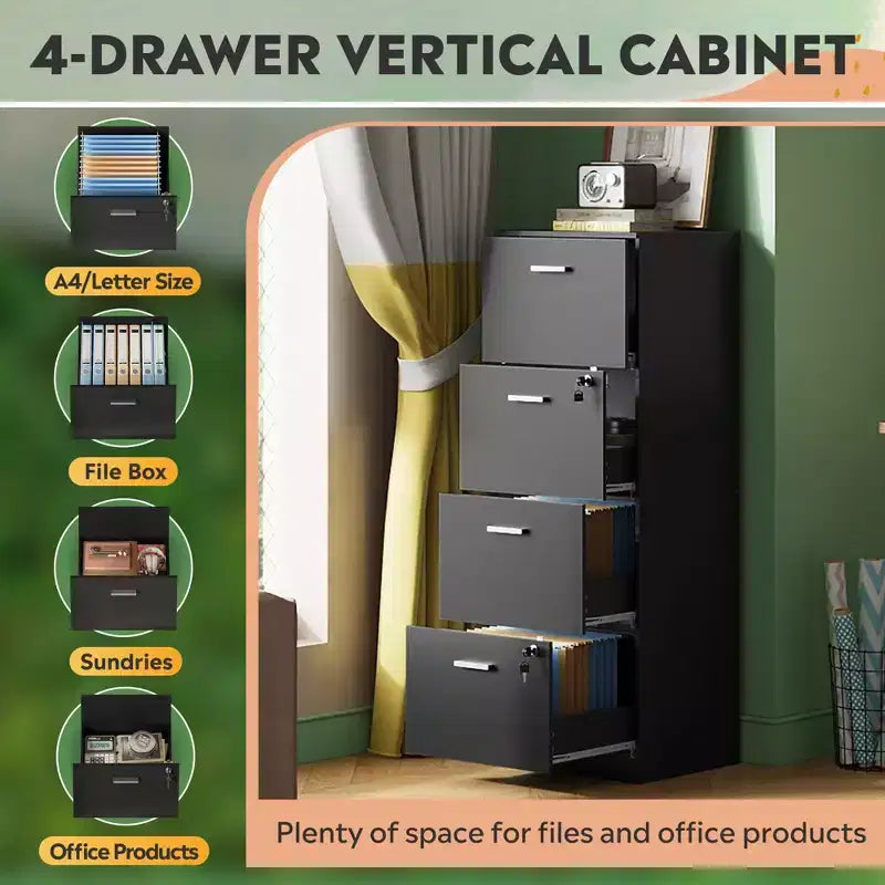 DEXYLLO Classeur vertical à 4 tiroirs avec serrure – Meuble de rangement en bois pour bureau à domicile, convient aux dossiers de format A4/Lettre