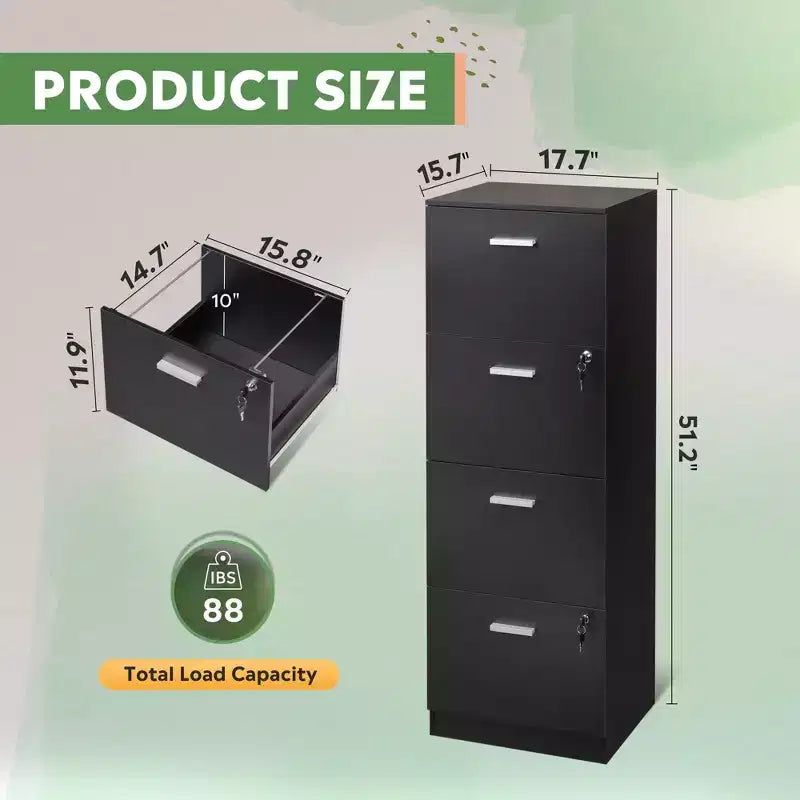 DEXYLLO Classeur vertical à 4 tiroirs avec serrure – Meuble de rangement en bois pour bureau à domicile, convient aux dossiers de format A4/Lettre