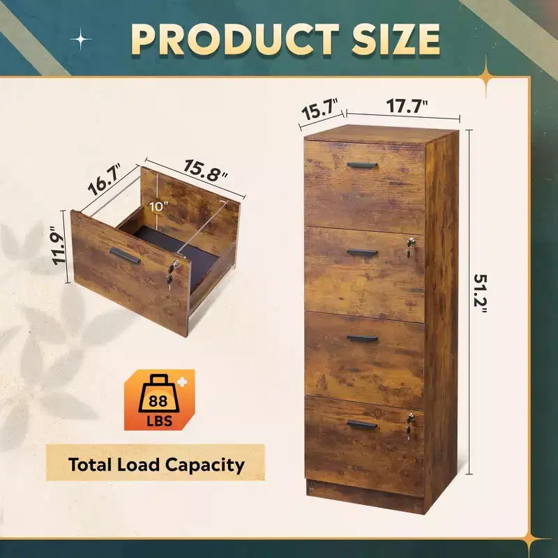 DEXYLLO Classeur vertical à 4 tiroirs avec serrure – Meuble de rangement en bois pour bureau à domicile, convient aux dossiers de format A4/Lettre