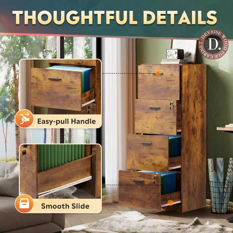 DEXYLLO Classeur vertical à 4 tiroirs avec serrure – Meuble de rangement en bois pour bureau à domicile, convient aux dossiers de format A4/Lettre